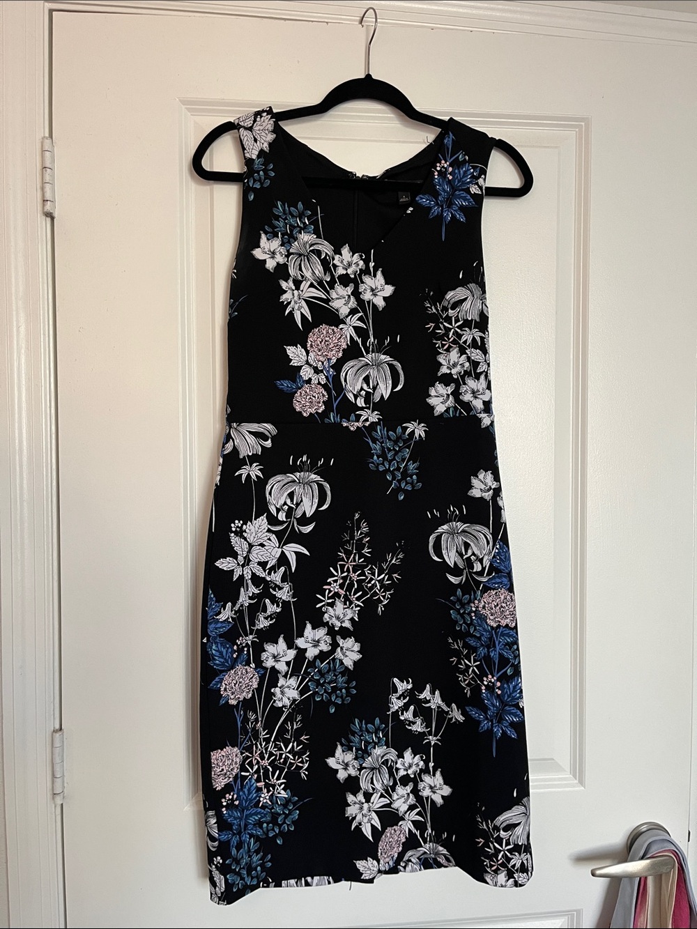 Floral Print Black A-Line Dress - Blue & White Accents